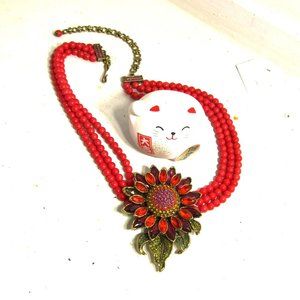 Heidi Daus Orange Sunflower Red Triple Chained Necklace MISSING 2 GEMSTONES